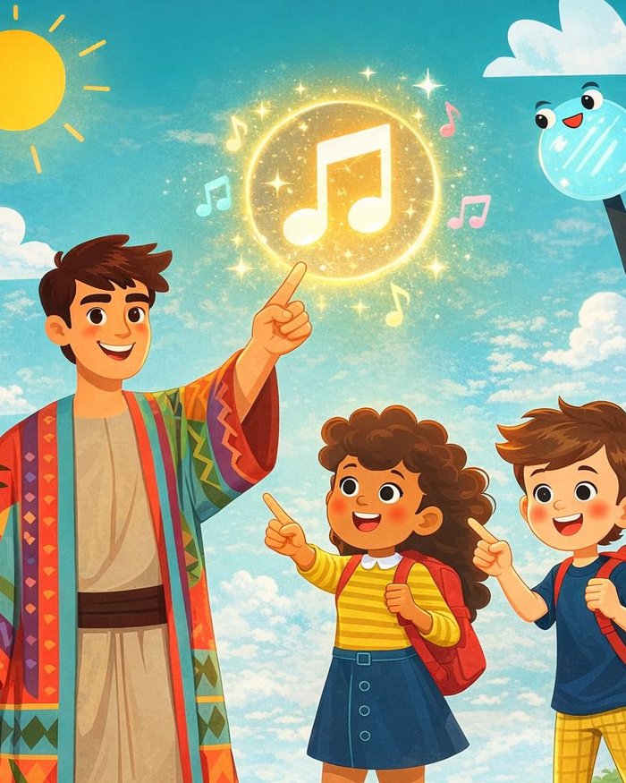 Personagens July e Caio dos Pesquisadores da Bíblia anunciando os desenhos bíblicos