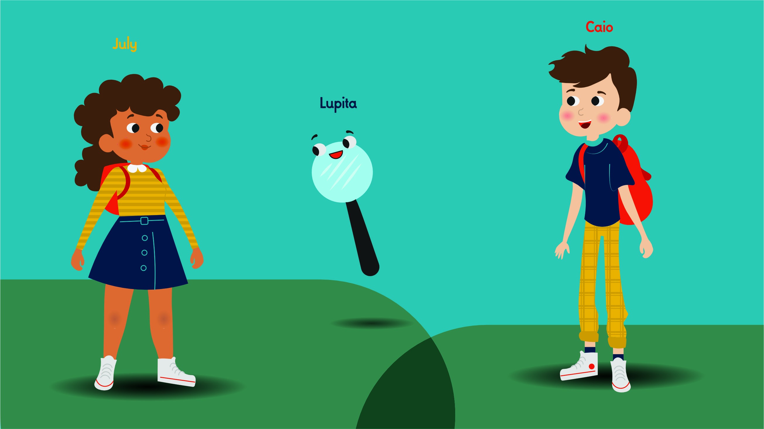 July, Lupita e Caio, personagens dos Pesquisadores da Bíblia
